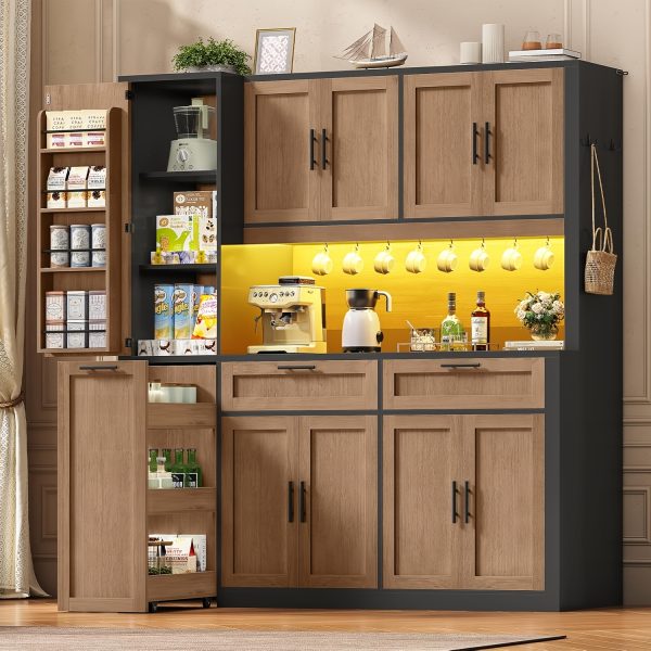 product-fancy-44a21ea7-2187-4333-a77c-1217a5ebdf44 71 Inch Kitchen Pantry Cabinet with LED Lights And Charging Station, 59 Inch Wide Wooden Storage Cabinet with 2 Drawers, 8 Doors, 3-Tier Storage Cart, And 4 Door Shelves, Pantry Storage Cabinet with Microwave Stand for Dining Room, Black, White