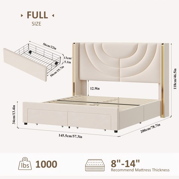 product-fancy-44b43013-b5ba-478e-adbd-a35583d28887 FULTRU Upholstered LED Bed Frame in Full, Queen, Or King Size with Two Storage Drawers, Velvet Platform Bed Featuring a Wingback Headboard, Sturdy Wooden Slats for Support, No Need for a Box Spring, Headboard with a Splicing Design