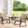 [Outdoor Rocking Chairs] 3pcs Outdoor Rocking Chairs Bistro Set, Black Iron Patio Furniture With Red Thickened Cushion & Glass-Top Coffee Table