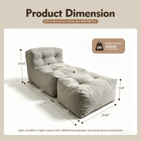 39" Patio Bean Bag Chair with Movable Ottoman, Comfy Chaise Lounge with Foot Rest, High-Density Foam Accent Reading Chair, Modern Single Sofa Couch for Garden, Deck, Balcony, Outdoor Polyester Fabric Beige Leisure Chair for Small Space Relaxing