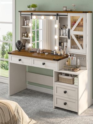 47.2"W Farmhouse Vanity Makeup Vanity Desk with Mirror And Lights, Vanity Table with 4 Drawers & Shelves Big Makeup Desk with Charging Station for Bedroom, Dark Rustic Oak (Stool Not Included)