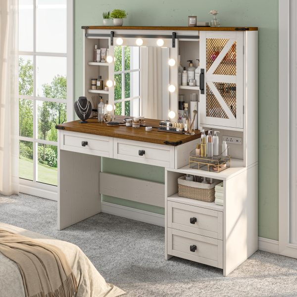 product-fancy-45450a95-fd3d-46dc-ab94-6dfea7a65983 47.2"W Farmhouse Vanity Makeup Vanity Desk with Mirror And Lights, Vanity Table with 4 Drawers & Shelves Big Makeup Desk with Charging Station for Bedroom, Dark Rustic Oak (Stool Not Included)