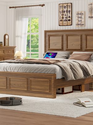 Brown and White Farmhouse Style Platform Bed Frame with Height Adjustable Headboard