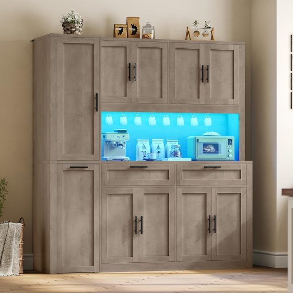 product-fancy-4599b1bc-4bb9-447a-8558-a3469d15d334 71 Inch Kitchen Pantry Cabinet with LED Lights And Charging Station, 59 Inch Wide Wooden Storage Cabinet with 2 Drawers, 8 Doors, 3-Tier Storage Cart, And 4 Door Shelves, Pantry Storage Cabinet with Microwave Stand for Dining Room, Black, White