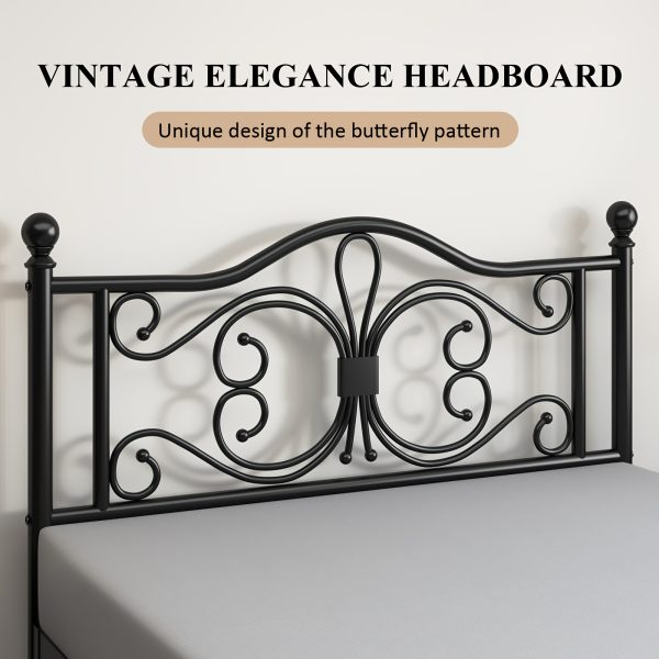 Bed Frame with Under-Bed Storage, Metal Platform Bed with Vintage Butterfly Pattern Headboard and Footboard, Twin/Full/Queen Size, No Box Spring Needed, Easy to Assemble, Noise-Free, Black/White