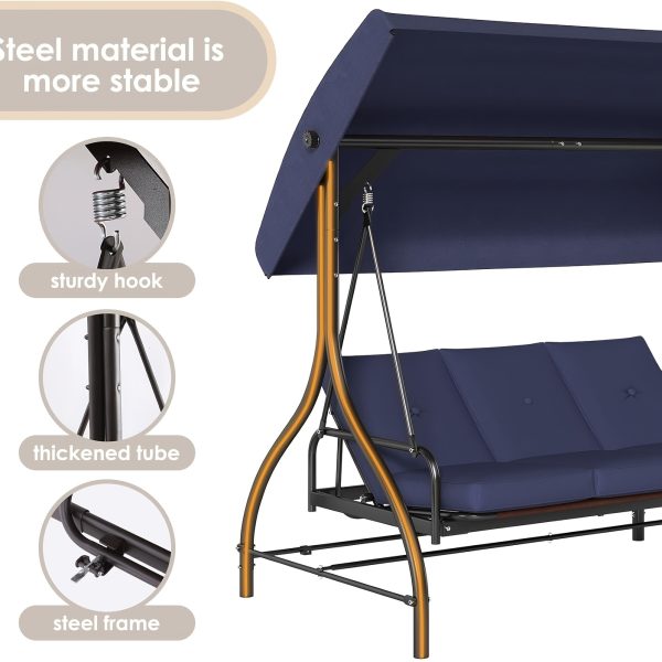 product-fancy-45a0c575-8192-4f07-bfcd-45b4d39c7de5 3-Seat Outdoor Porch Swing with Stand, Convertible Porch Swing Bed with Adjustable Canopy for Adults, Patio Swing Chair with Thickened Cushions for Yard Garden Deck 750LBS