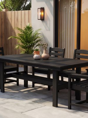 Modern Outdoor Dining Table for 6-Person Rectangle Indoor Outdoor Table with Umbrella Hole & Wood-Like Surface, Weather-Resistant Outside Dining Table for Patio Lawn Garden Backyard, 32.7" D X 70.9" W X 29.4" H