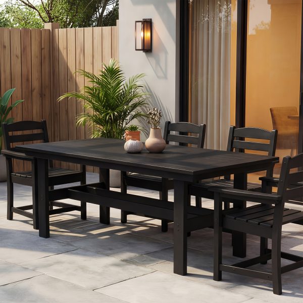 Modern Outdoor Dining Table for 6-Person Rectangle Indoor Outdoor Table with Umbrella Hole & Wood-Like Surface, Weather-Resistant Outside Dining Table for Patio Lawn Garden Backyard, 32.7" D X 70.9" W X 29.4" H