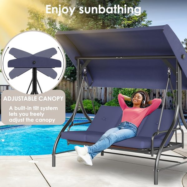product-fancy-45e834b8-c0ab-48ef-bd94-41679df639a9 3-Seat Outdoor Porch Swing with Stand, Convertible Porch Swing Bed with Adjustable Canopy for Adults, Patio Swing Chair with Thickened Cushions for Yard Garden Deck 750LBS