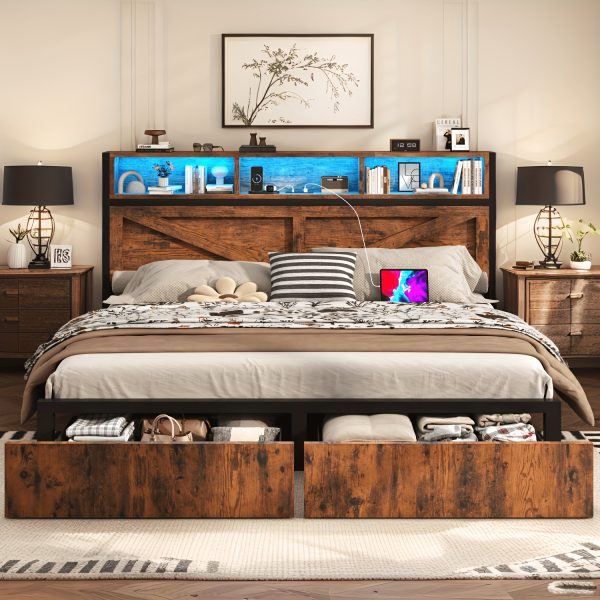 product-fancy-45f7395b-3857-419b-a136-046dd1123e40 Farmhouse Bed Frame with Storage Headboard and Drawers, LED Light and Charging Outlet, Noise Free, No Box Spring Needed