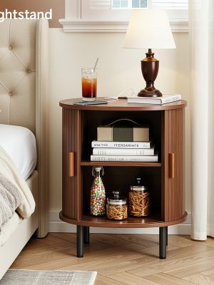2pcs Mid-Century Modern End Table with Storage & Charging Station - Nightstand with Sliding Door Cabinet, Adjustable Shelf & Leg Pad, Compact Space-Saving Suitable for Small Spaces, Living Room, Bedroom - Assembly