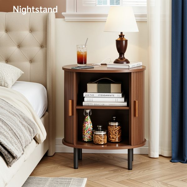 product-fancy-4691af56-53c1-49cf-9301-553ad0aba685 2pcs Mid-Century Modern End Table with Storage & Charging Station - Nightstand with Sliding Door Cabinet, Adjustable Shelf & Leg Pad, Compact Space-Saving Suitable for Small Spaces, Living Room, Bedroom - Assembly