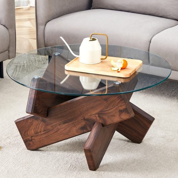 product-fancy-472cd3a7-72ba-48c0-9c05-c6c764415659 Modern Round Glass Coffee Table 33.4", Clear Tempered Glass Top with White Patterned MDF Legs, Stable Load Bearing 130 Lbs, Unique Contemporary Center Table for Living Room, Dining Room, Apartment, Easy Assembly In 10-15 Minutes.