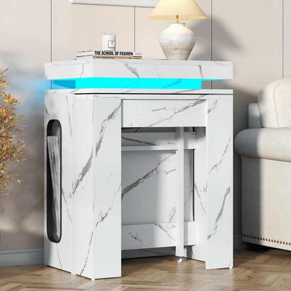 product-fancy-472d8640-96b4-47b2-9f1b-4a310de3910a Extendable Dining Room Table with Charging Station & LED Lights, White Faux Marble Table, 19.7" to 98.4" Dining Table for 2-8, Modern Space Saving Kitchen Island Table, Rectangle Console Table for Living Room(No Chairs)