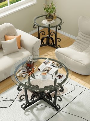 3pcs Round Glass Coffee Table Set, Tempered Glass Top with Black Metal Frame, Modern Living Room Furniture Set with 1 Coffee Table & 2 End Tables for Apartment Small Spaces