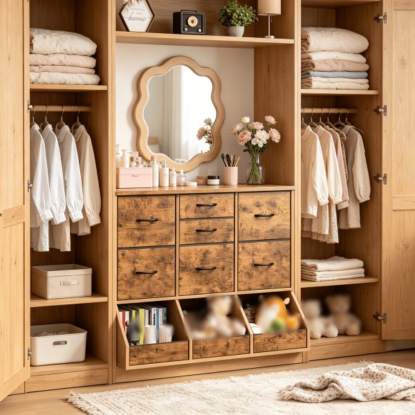 product-fancy-47810975-301d-420d-a921-bdc89a3f53c4 Single Bedroom with 7 Drawers And 3 Large Open Storage Combination Cabinets, Including Wardrobe Cabinets, Dressing Tables, Drawer Cabinets, Filing Cabinets, for Home/hallway/bedroom Use, White/pink/purple/black/brown