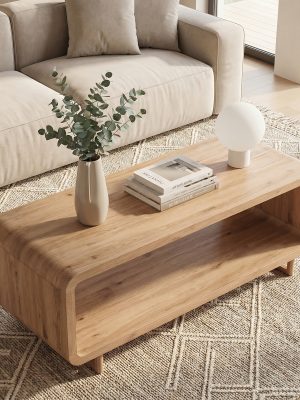 Wooden Coffee Table with Storage Shelf, Modern 2-Tier Rectangular Minimalist Center Table, Curved Profile Design for Living Room, Office