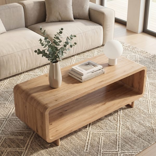 product-fancy-478281c1-4fc9-4ea8-abb4-a7c5697c7238 Wooden Coffee Table with Storage Shelf, Modern 2-Tier Rectangular Minimalist Center Table, Curved Profile Design for Living Room, Office