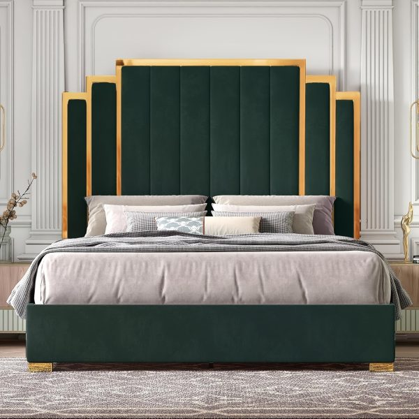 product-fancy-47d00688-fe8e-40f9-b11f-65da5b5cad01 LUXOAK Modern Upholstered Bed Frame with 65" Headboard, Golden Plating Trim, Platform Design - No Box Spring Needed