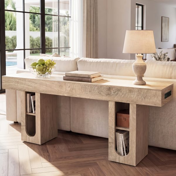 OMCHOM 70.9" Long Console Table with Storage Shelves, Modern Oval Entryway Table, Thick Heavy Duty Narrow Sofa Table with Storage, Accent Table for Behind Couch Living Room Hallway Foyer, Natural Wood