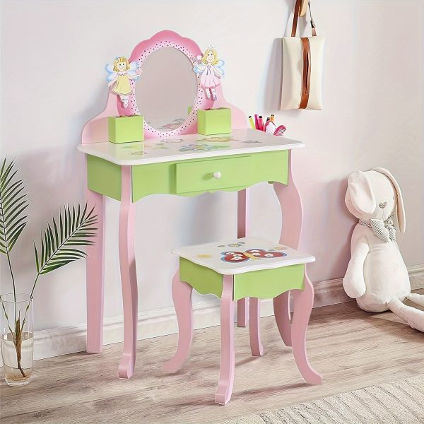 product-fancy-48443a5b-71e7-4924-942f-886ae6bbadc8 Kids Vanity Set - Princess Deluxe Vanity Table Set 2-in-1 Wooden Writing Desk & Stool, Mirror & Drawer, Perfect for Kids' Pretend Play, Developing Creativity And Fine Motor Skills, Durable Construction, Easy to Assemble, Best for Girls Christmas Gift