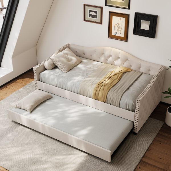 product-fancy-485a965a-0502-4bbc-ae7a-ae8ea2df6310 79.5" Tufted Linen Upholstered Daybed with Trundle Frame No Box Spring Needed for Living Room Bedroom