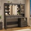 product-fancy-48903989-b39a-4e80-ad80-1ec17b8f9f44 47.2"W Farmhouse Vanity Makeup Vanity Desk with Mirror And Lights, Vanity Table with 4 Drawers & Shelves Big Makeup Desk with Charging Station for Bedroom, Dark Rustic Oak (Stool Not Included)