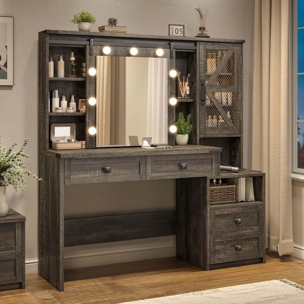 product-fancy-48903989-b39a-4e80-ad80-1ec17b8f9f44 47.2"W Farmhouse Vanity Makeup Vanity Desk with Mirror And Lights, Vanity Table with 4 Drawers & Shelves Big Makeup Desk with Charging Station for Bedroom, Dark Rustic Oak (Stool Not Included)