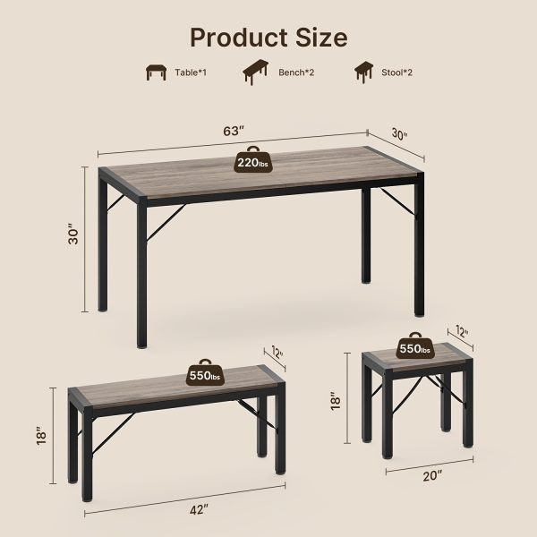 product-fancy-48a312f8-6411-481b-bac6-0e30ec9b0c99 Non-Folding 5pcs Indoor & Outdoor Dining Table Set, 6 Seater Patio Kitchen Table with 2 Benches & 2 Stools, Industrial Space-Saving Set for Picnic, Camping, Backyard