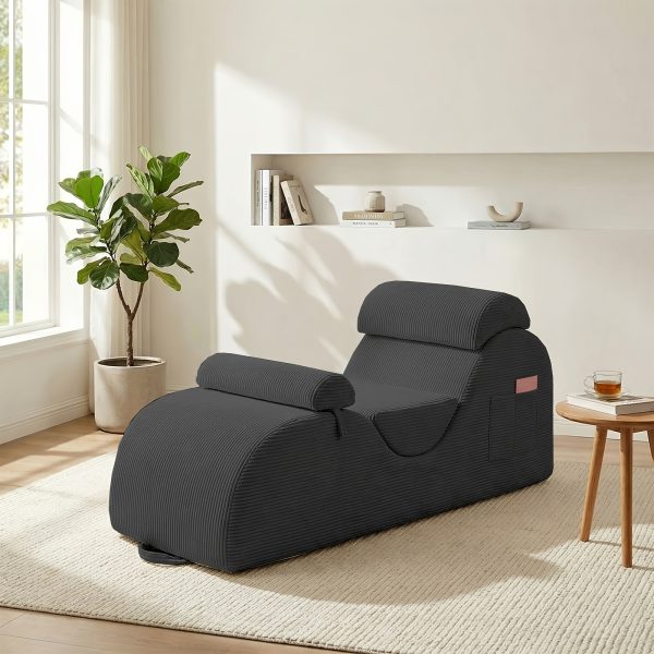 product-fancy-48ac050e-c094-4040-abc3-60fc3a2b11d7 Striped Adult Yoga Chair, Indoor Toilet Chair with Side Pockets, Headrest, Lumbar Cushion, Movable Footrest, Curved Yoga Sofa for Relaxing And Stretching in Bedroom, Black