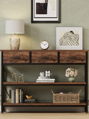 3-Tier Console Table with Charging Station (2 AC Outlets + 2 USB Ports) - Hardwood Entryway Sofa Table with 3 Breathable Fabric Drawers & Open Shelves, Adjustable Feet, Modern Rustic Design for Narrow Spaces, Living Room, Hallway