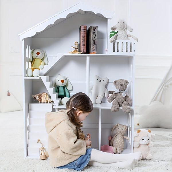 product-fancy-49b447fe-476e-452a-8822-036377beec2a Wooden 3-Tier Doll House Bookshelf, White Kids Toys Storage Organizer, All-Season Playroom Nursery Shelves, Ideal Gift for Ages 3-8, Boys & Girls Bedroom Decor