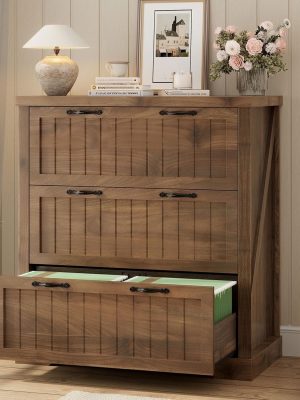 3 Drawer File Cabinet for Letter/Legal/A4 Size, Farmhouse Filing Cabinet, Lateral File Cabinet with Printer Stand for Home Office