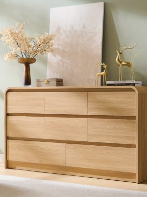 Modern Bedroom Drawer Dresser, Curved Profile Design Drawer Cabinet, Wooden Mid-Century Style Storage Dresser, for Bedroom And Living Room, Natural Oak