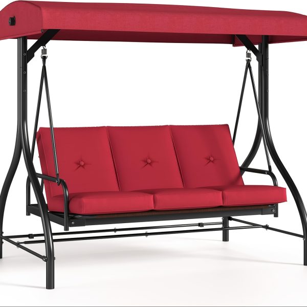 3 Person Patio Porch Swing Outdoor Converting Swing Glider Hammock with Adjustable Canopy, Cushions for Outside Backyard, Garden (Pillow Not Included)