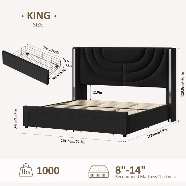 product-fancy-4a920193-563c-4e77-9394-71936cb0cc2d FULTRU Upholstered LED Bed Frame in Full, Queen, Or King Size with Two Storage Drawers, Velvet Platform Bed Featuring a Wingback Headboard, Sturdy Wooden Slats for Support, No Need for a Box Spring, Headboard with a Splicing Design
