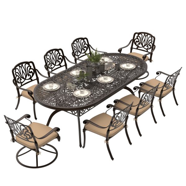 product-fancy-4aa0874f-c0a9-4bc6-bd8f-467e1205aa97 9pcs Cast Aluminum Patio Furniture, Outdoor Dining Sets for 8 Include 87" Oval Patio Dining Table And 8 Chairs with Cushions & Umbrella Hole (Bronze)