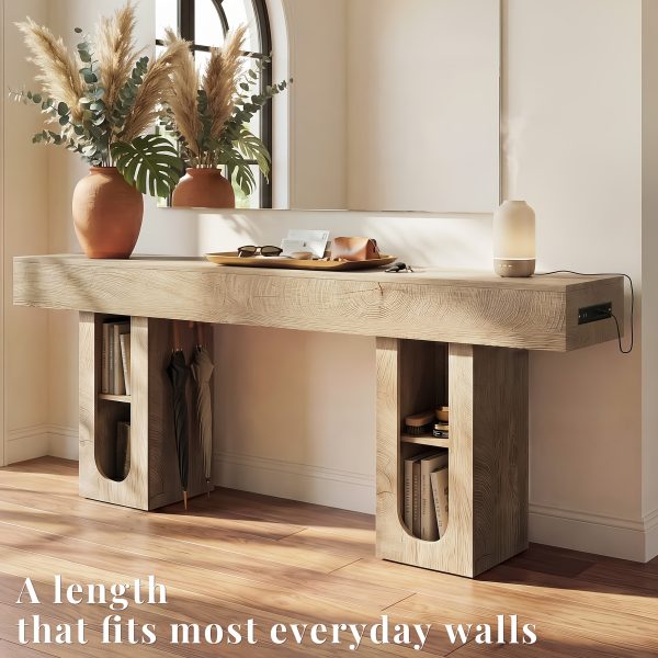 OMCHOM 70.9" Long Console Table with Storage Shelves, Modern Oval Entryway Table, Thick Heavy Duty Narrow Sofa Table with Storage, Accent Table for Behind Couch Living Room Hallway Foyer, Natural Wood