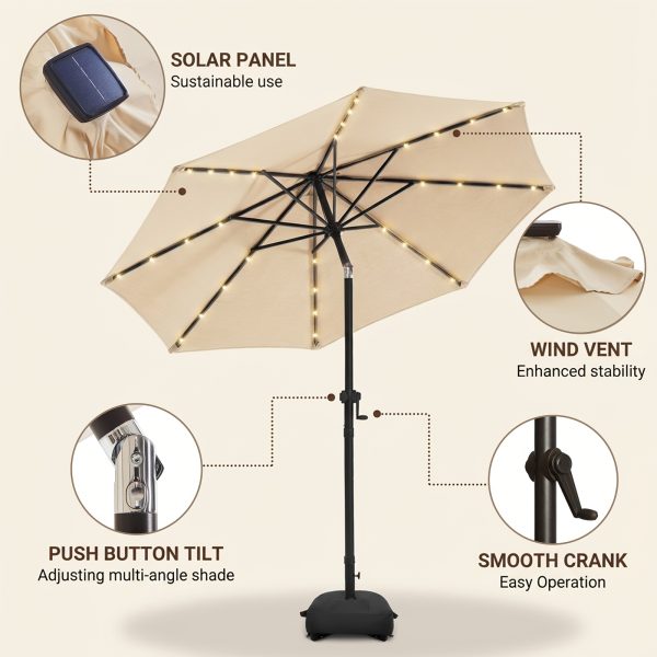 [Christmas & Halloween] Deluxe 32 LED Lighted Patio Umbrella - Navy Blue/Beige/Red/Brown, Solar 10Ft Market Umbrella with Base, Outdoor Table Umbrella with Ventilation, Solar Umbrella with Push Button Tilt/Crank for Garden, Deck, Backyard, Pool, Christmas & Halloween