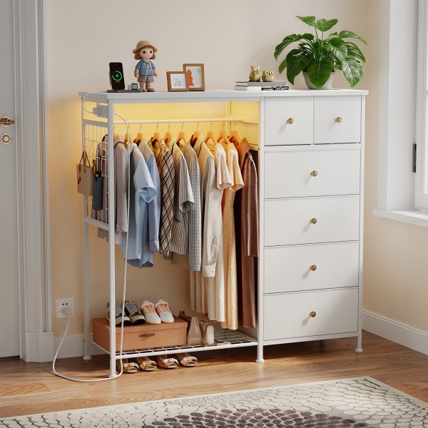 product-fancy-4ace0d35-7eab-4be3-aec9-d39954eac66b Dresser with LED Lights And Charging Station for Bedroom - 6-Drawer Fabric Storage Dresser with Hanging Rack, Sturdy Wooden Top, Stable Anti-Tip Design, Perfect for Modern Homes & Apartments