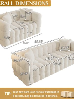 Modern Oversized 59.2" 2-Seater/80.3" 3-Seater Boucle Sofa Couch with 2 Pillows, Comfy Upholstered Sherpa Sofa, Tufted Cozy Deep Seat Cloud Couch for Living Room Apartment Office