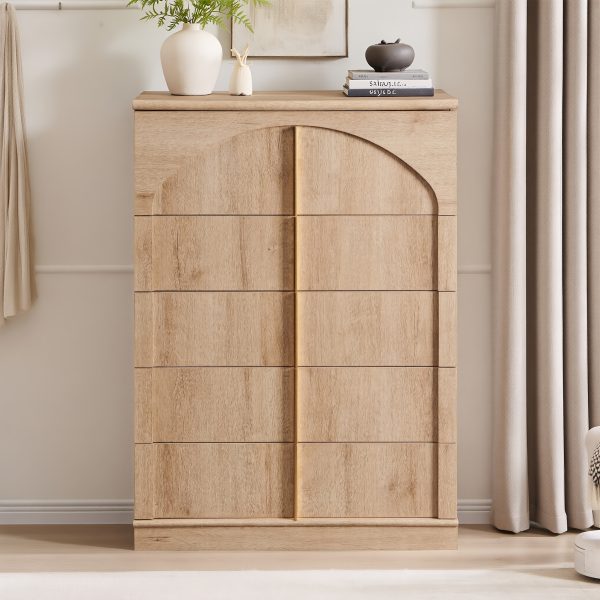product-fancy-4afc4967-5255-42a0-a220-49cf712ca870 JXQTLINGMU Modern 5 Drawers Dresser For Bedroom With Arched Panel, 44" Tall Dresser For Closet With Metal Handles, Push-to-Open Wood Storage Closet Dressers Tv Stand For Living Room, Hallway