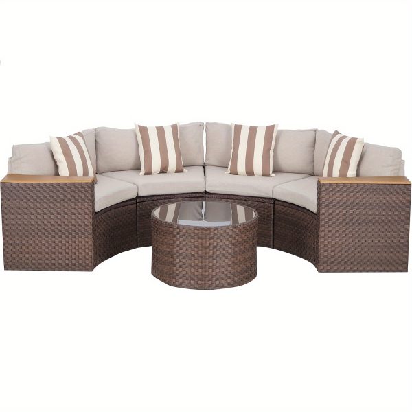 Outdoor Half Moon Patio Furniture 5pcs Curved Outdoor Sofa, All-Weather Outdoor Sectional Furniture Patio Conversation Sets with Round Tempered Glass Top Table with Cushion