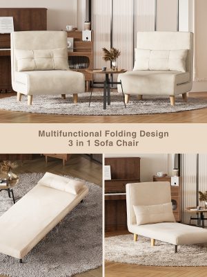 3-in-1 Convertible Sofa Bed Sleeper Chair with Pull-Out Bed, 6-Level Adjustable Backrest & Cushioned Armrests - Space-Saving Modern Furniture for Small Apartments, Dorms, Guest Rooms - Beige Sofa Chair Converts to Bed, Sleeper Sofa Bed