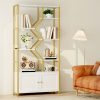 product-fancy-4be02103-b640-4353-9717-88a4211f375d 76'' Tall Industrial Bookshelf with Doors, Display Large Bookcase With Storage and Organization Cabinet, Unique Geometric Metal Frame Design, Sturdy Wooden Shelves, Organizer for Library, Living Room, Bedroom, Office, White and Golden/Brown and Black