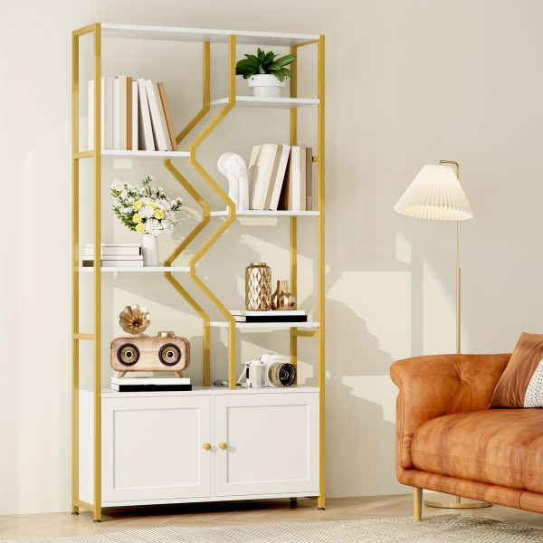 product-fancy-4be02103-b640-4353-9717-88a4211f375d 76'' Tall Industrial Bookshelf with Doors, Display Large Bookcase With Storage and Organization Cabinet, Unique Geometric Metal Frame Design, Sturdy Wooden Shelves, Organizer for Library, Living Room, Bedroom, Office, White and Golden/Brown and Black