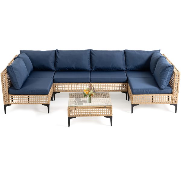 WENTUM 7pcs Outdoor Sectional Sofa Set, Boho Wicker Rattan Patio Furniture with Cushions And Table for Patio, Lawn, Backyard, Porch