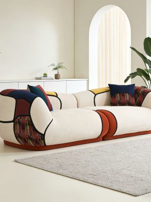 102" Oversized Modern Curved Sofa, 4-Seat Chenille Couch for Living Room Apartment, Minimalist Boneless Sectional Floor Lounge Couches with Bohemian Style Pillows, No Assembly