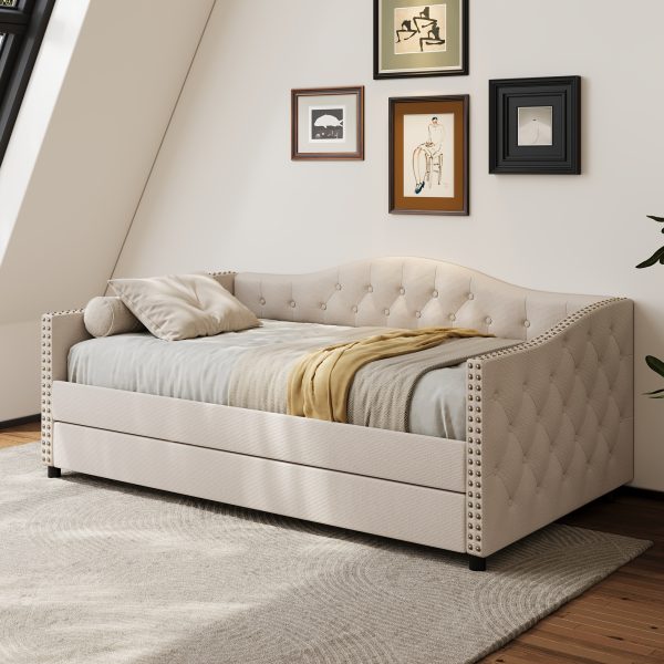 product-fancy-4c6ebad9-489e-4c5d-8685-134ded27ed6c 79.5" Tufted Linen Upholstered Daybed with Trundle Frame No Box Spring Needed for Living Room Bedroom