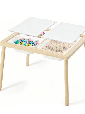 Kids Sensory Table with 3 Storage Bins, Solid Pine Wood Activity Table, Double-Sided Drawing & Play Surface, Sand And Water Play Table for Toddlers, Indoor Outdoor Learning & Craft Table